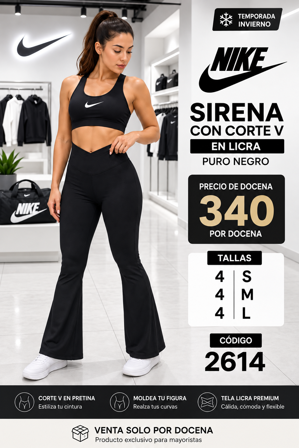 Pantalón Sirena Corte V en Licra Negro – Código 2614
