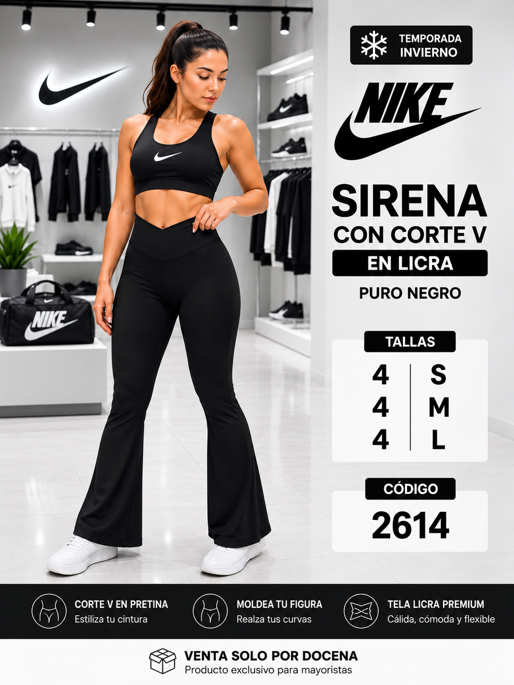 Pantalón Sirena Corte V en Licra Negro – Código 2614