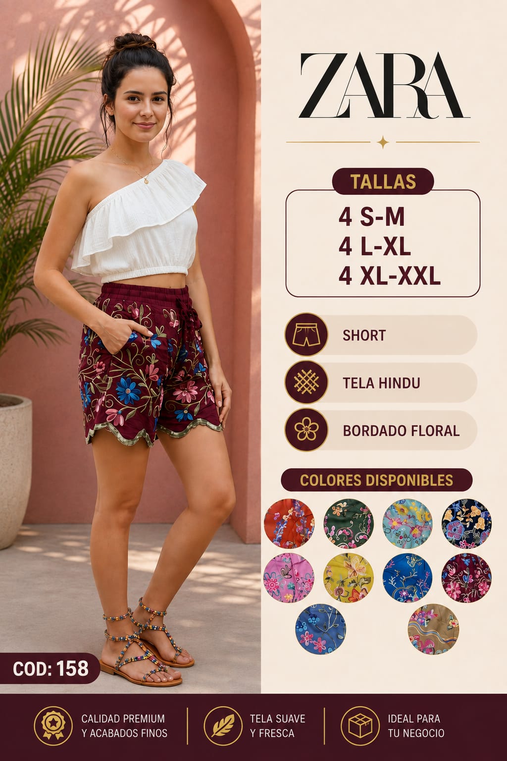 Short de Tela Hindú con Bordado Floral – Código 158