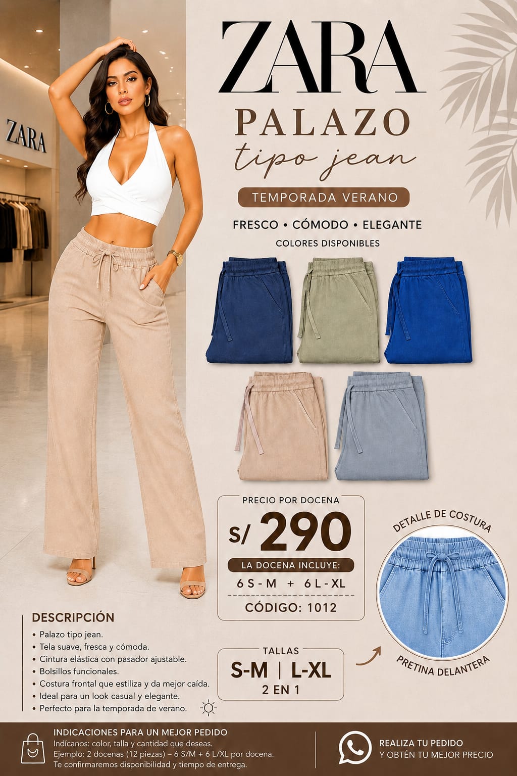 Palazo Tipo Jean con Costura Frontal – Código 1012