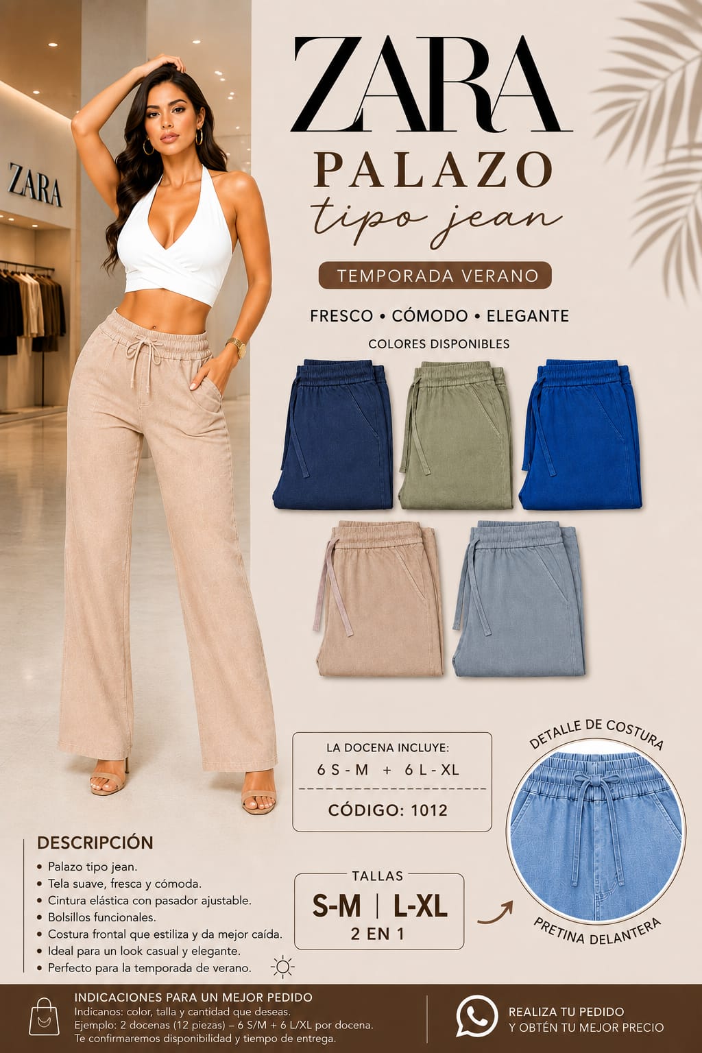 Palazo Tipo Jean con Costura Frontal – Código 1012